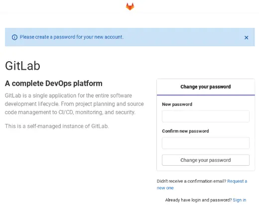 Login page that is displayed if GitLab started successfully.