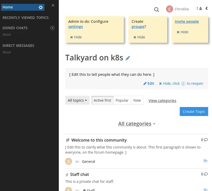 Talkyard index page displayed in browser.